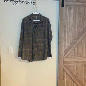 Free People Casual Button Down Shirt Brown with Glittery Copper Threads